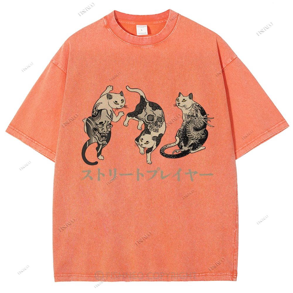 Unisex Japanese Vintage Tattoo Cat Printed Washed Tee