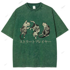 Unisex Japanese Vintage Tattoo Cat Printed Washed Tee