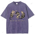 Unisex Japanese Vintage Tattoo Cat Printed Washed Tee