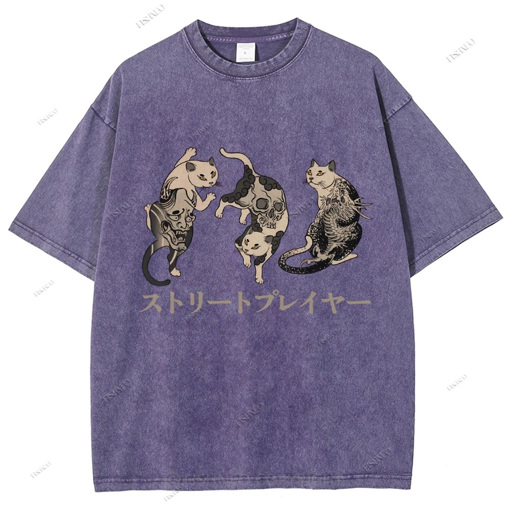 Unisex Japanese Vintage Tattoo Cat Printed Washed Tee