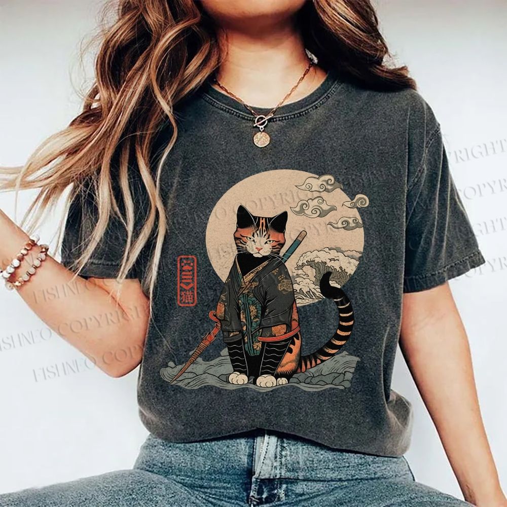 Unisex Japanese Vintage Cat Samurai Printed Washed Tee