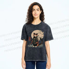 Unisex Japanese Vintage Cat Samurai Printed Washed Tee