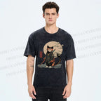 Unisex Japanese Vintage Cat Samurai Printed Washed Tee