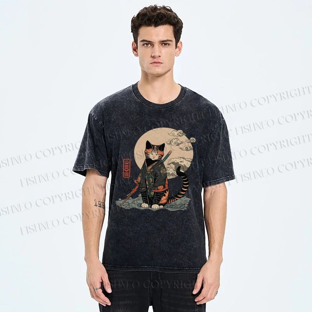 Unisex Japanese Vintage Cat Samurai Printed Washed Tee