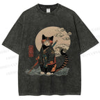 Unisex Japanese Vintage Cat Samurai Printed Washed Tee