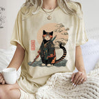 Unisex Japanese Vintage Cat Samurai Printed Washed Tee