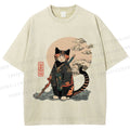 Unisex Japanese Vintage Cat Samurai Printed Washed Tee