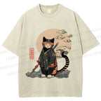 Unisex Japanese Vintage Cat Samurai Printed Washed Tee