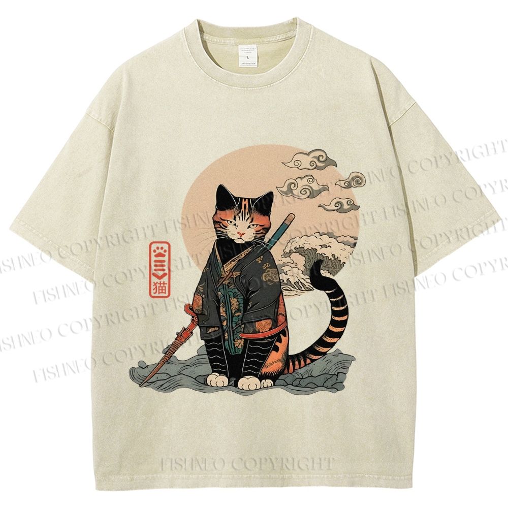 Unisex Japanese Vintage Cat Samurai Printed Washed Tee