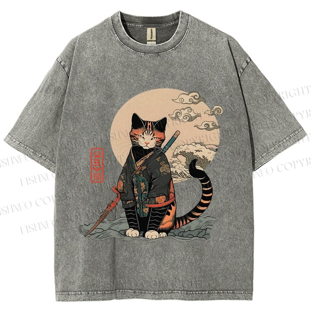 Unisex Japanese Vintage Cat Samurai Printed Washed Tee