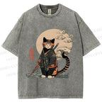 Unisex Japanese Vintage Cat Samurai Printed Washed Tee
