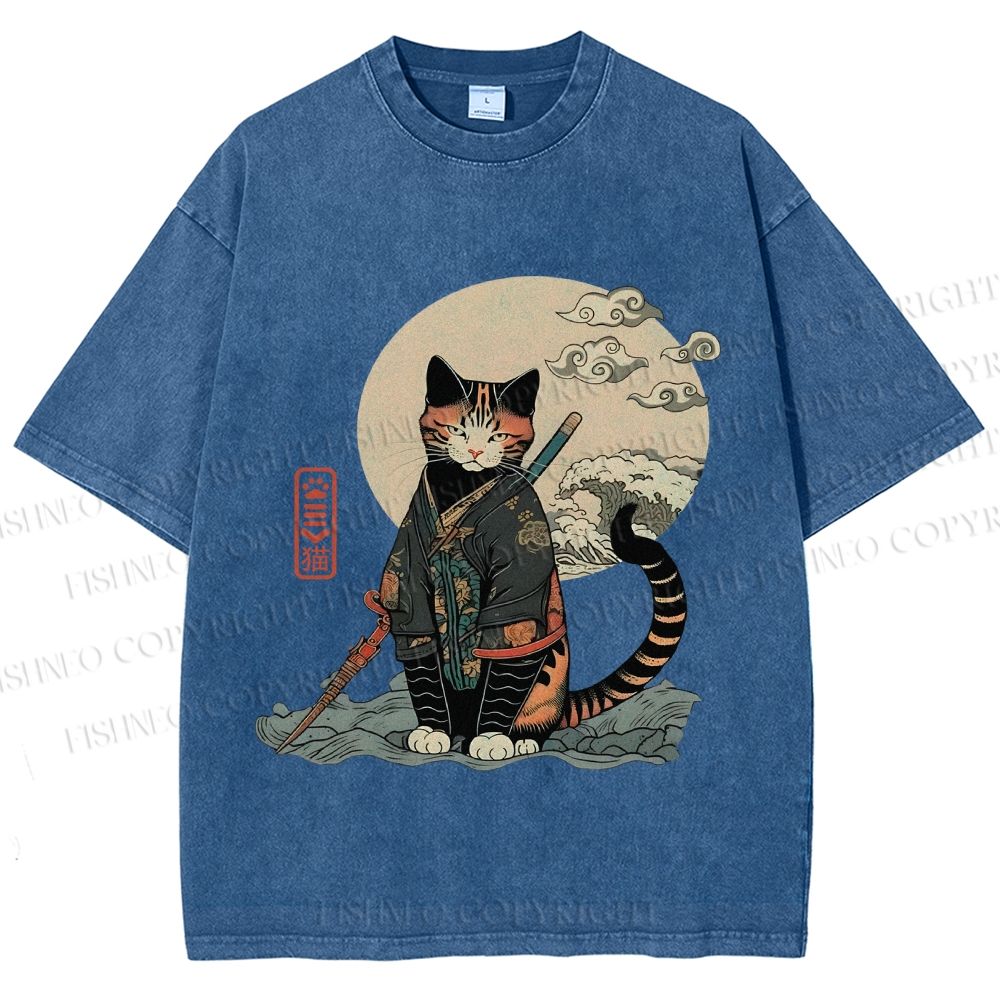 Unisex Japanese Vintage Cat Samurai Printed Washed Tee