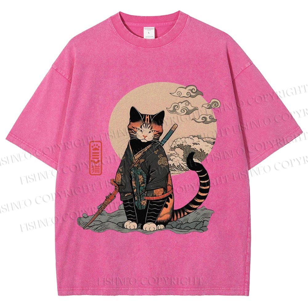 Unisex Japanese Vintage Cat Samurai Printed Washed Tee