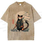Unisex Japanese Vintage Cat Samurai Printed Washed Tee