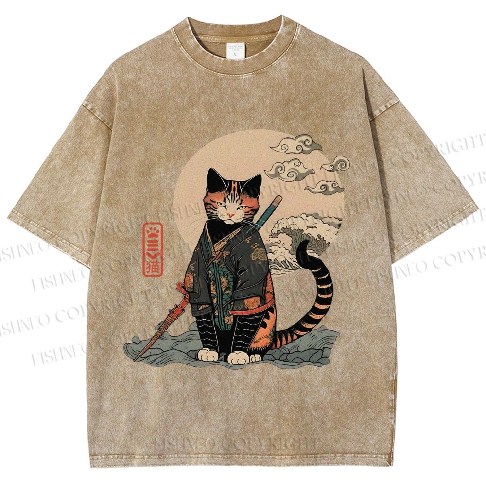 Unisex Japanese Vintage Cat Samurai Printed Washed Tee