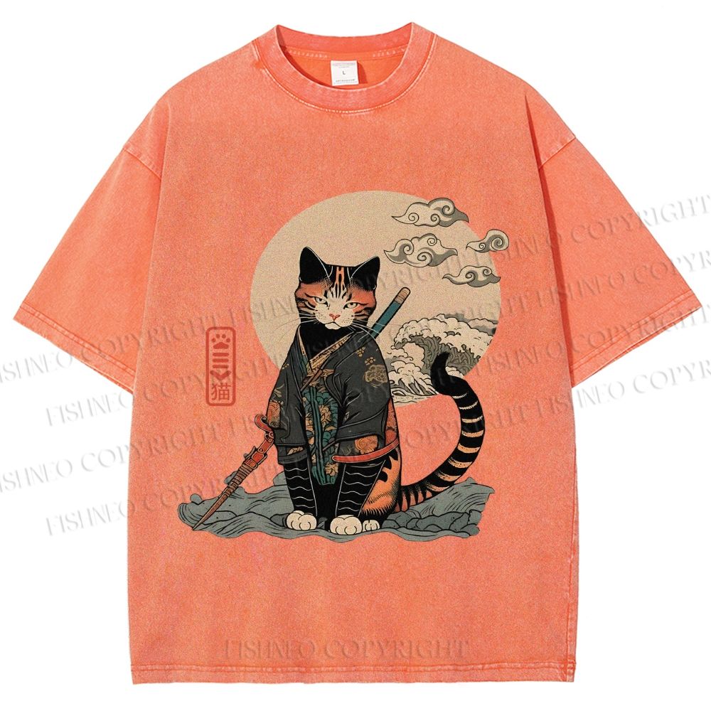 Unisex Japanese Vintage Cat Samurai Printed Washed Tee