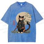 Unisex Japanese Vintage Cat Samurai Printed Washed Tee