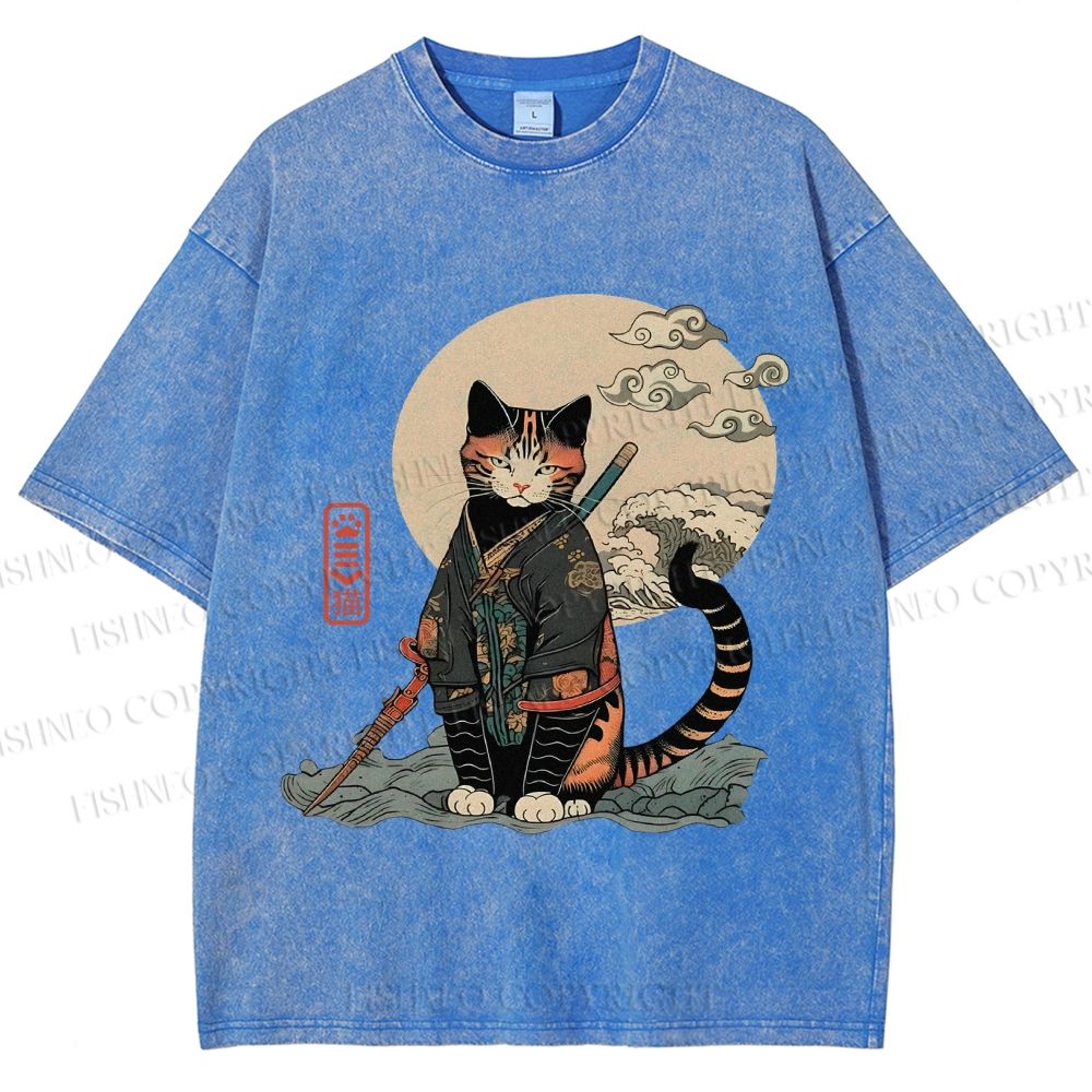 Unisex Japanese Vintage Cat Samurai Printed Washed Tee