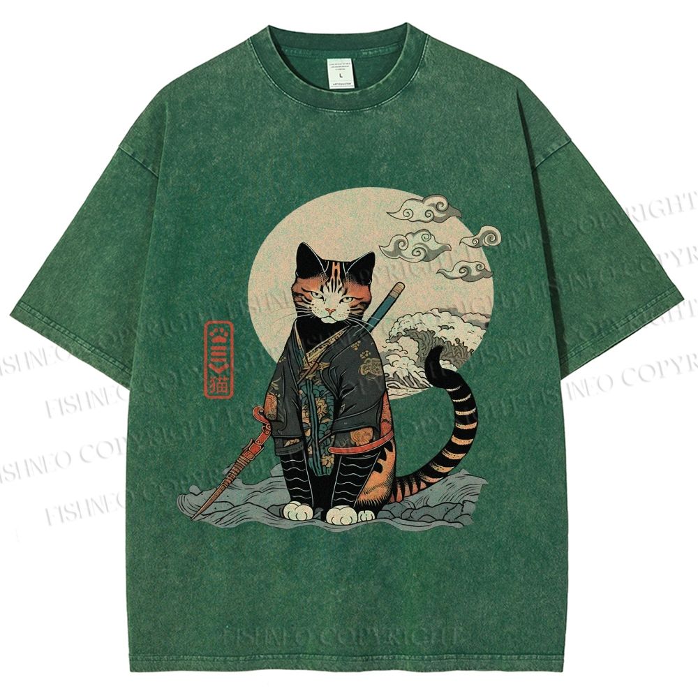 Unisex Japanese Vintage Cat Samurai Printed Washed Tee