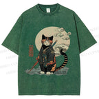 Unisex Japanese Vintage Cat Samurai Printed Washed Tee