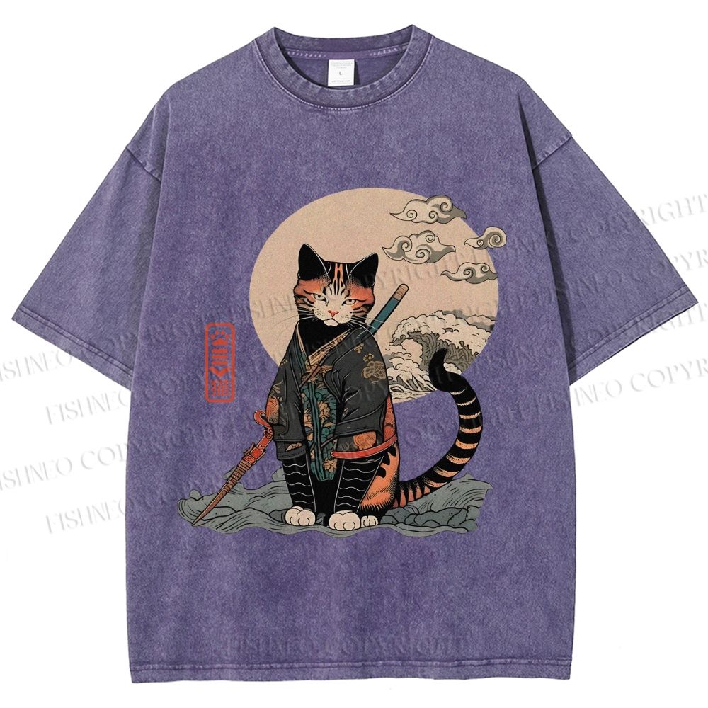 Unisex Japanese Vintage Cat Samurai Printed Washed Tee