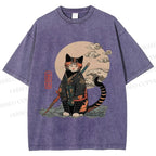 Unisex Japanese Vintage Cat Samurai Printed Washed Tee