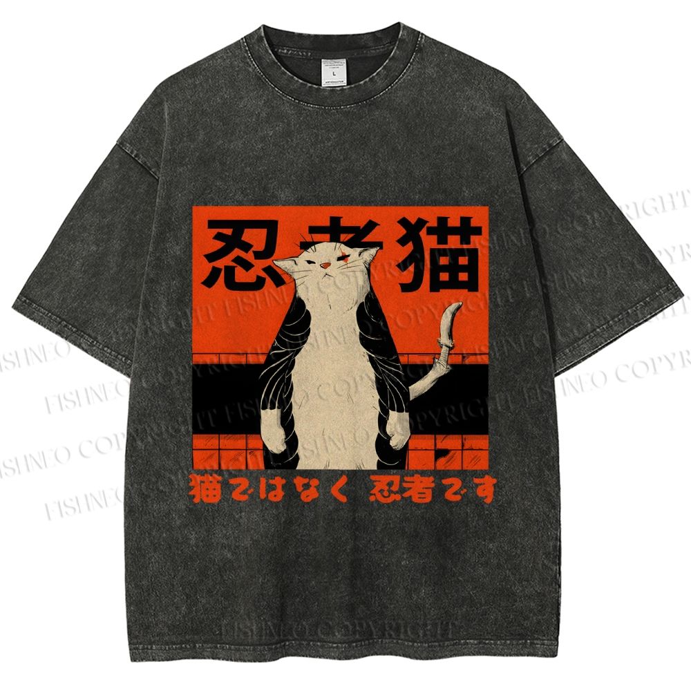 Unisex Japanese Cat Samurai Ninja Printed Washed Tee