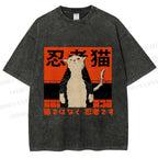 Unisex Japanese Cat Samurai Ninja Printed Washed Tee