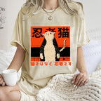 Unisex Japanese Cat Samurai Ninja Printed Washed Tee