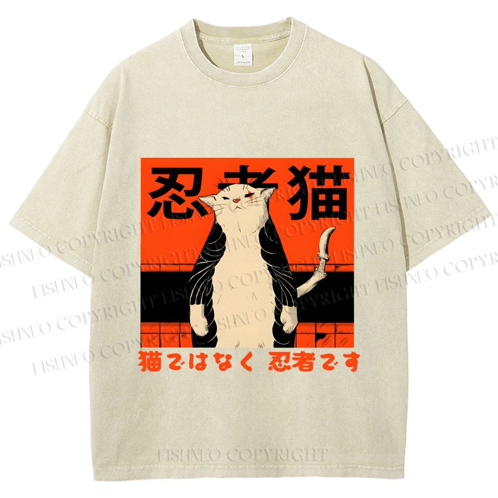 Unisex Japanese Cat Samurai Ninja Printed Washed Tee