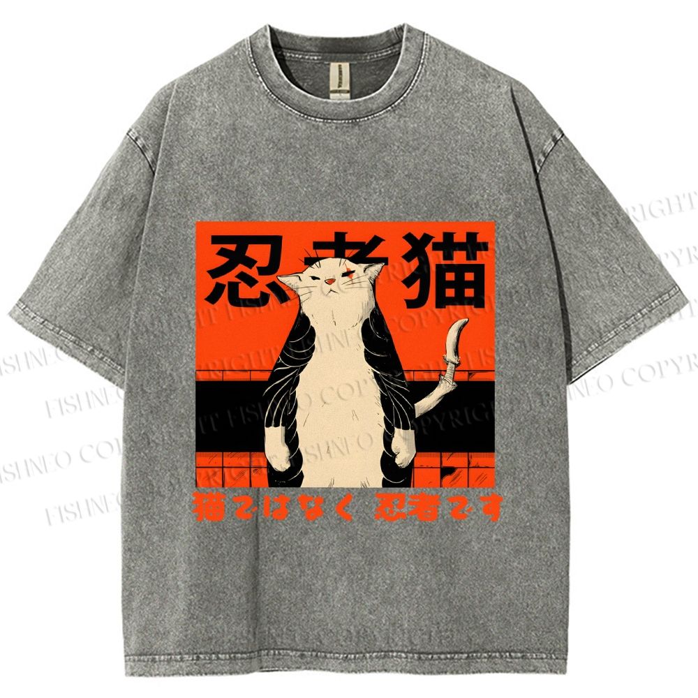 Unisex Japanese Cat Samurai Ninja Printed Washed Tee