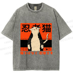 Unisex Japanese Cat Samurai Ninja Printed Washed Tee