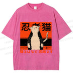Unisex Japanese Cat Samurai Ninja Printed Washed Tee