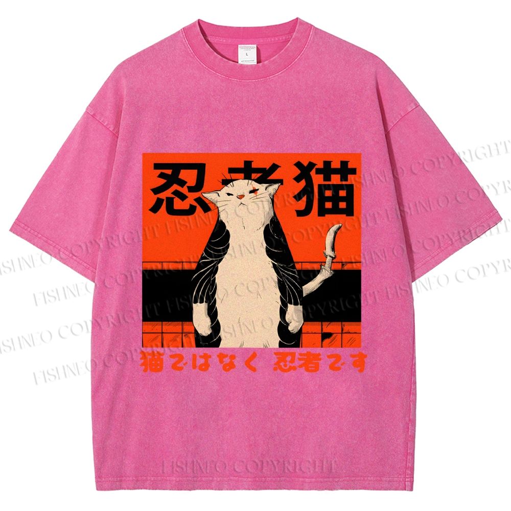 Unisex Japanese Cat Samurai Ninja Printed Washed Tee
