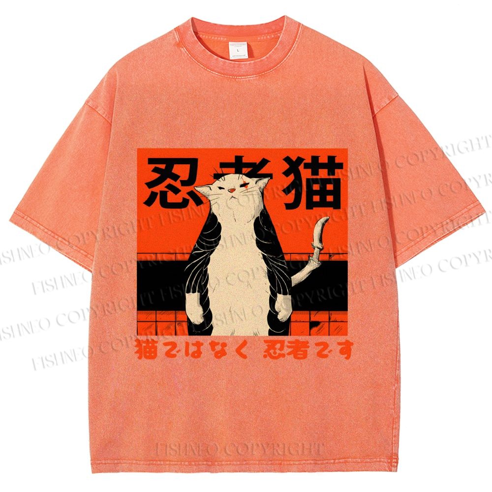 Unisex Japanese Cat Samurai Ninja Printed Washed Tee