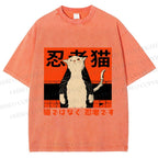 Unisex Japanese Cat Samurai Ninja Printed Washed Tee