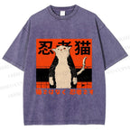 Unisex Japanese Cat Samurai Ninja Printed Washed Tee