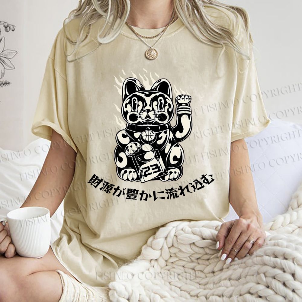 Unisex Japanese Fortune Cat Printed Washed Tee
