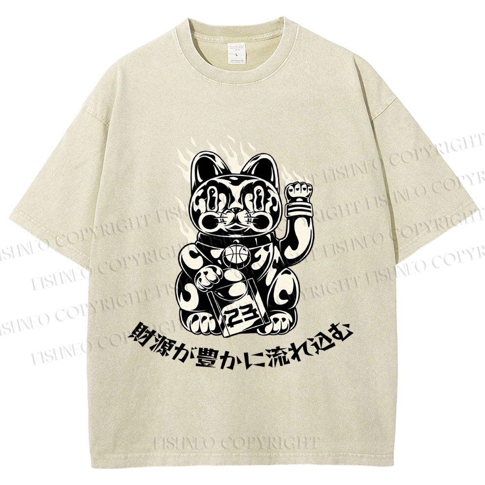 Unisex Japanese Fortune Cat Printed Washed Tee