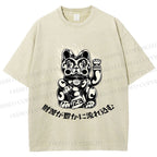 Unisex Japanese Fortune Cat Printed Washed Tee