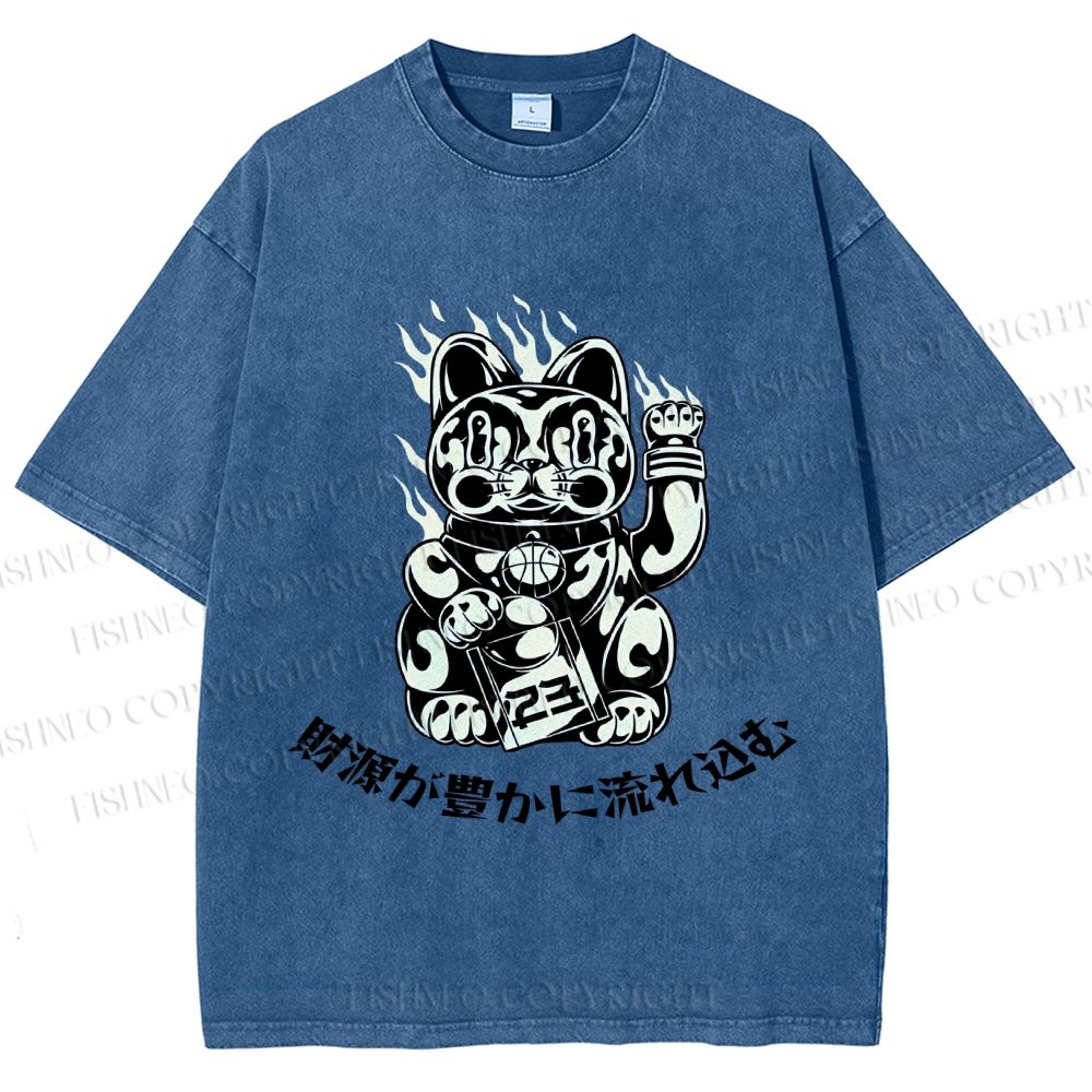 Unisex Japanese Fortune Cat Printed Washed Tee