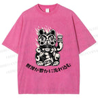 Unisex Japanese Fortune Cat Printed Washed Tee
