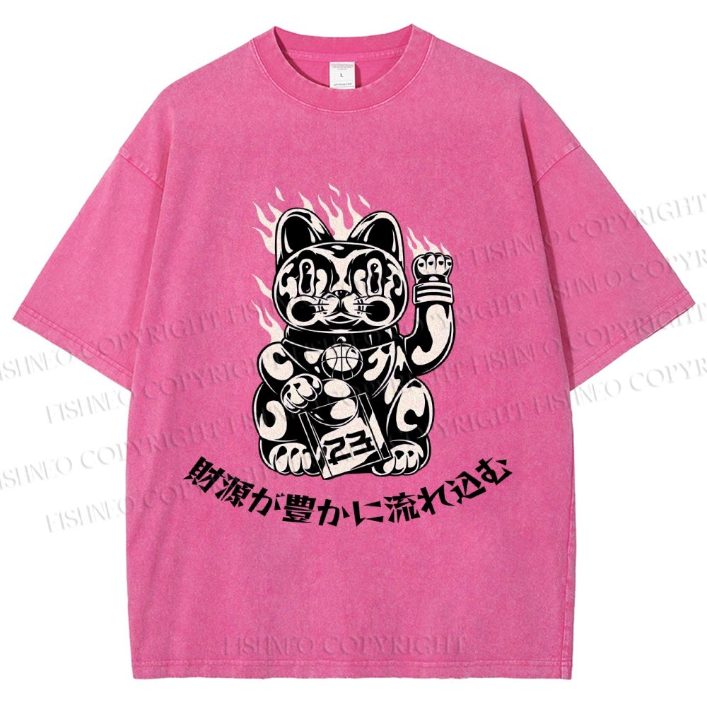 Unisex Japanese Fortune Cat Printed Washed Tee