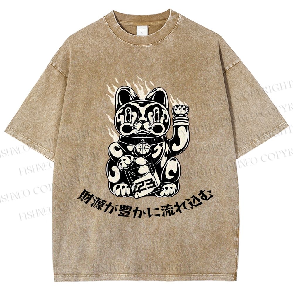 Unisex Japanese Fortune Cat Printed Washed Tee