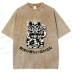 Unisex Japanese Fortune Cat Printed Washed Tee