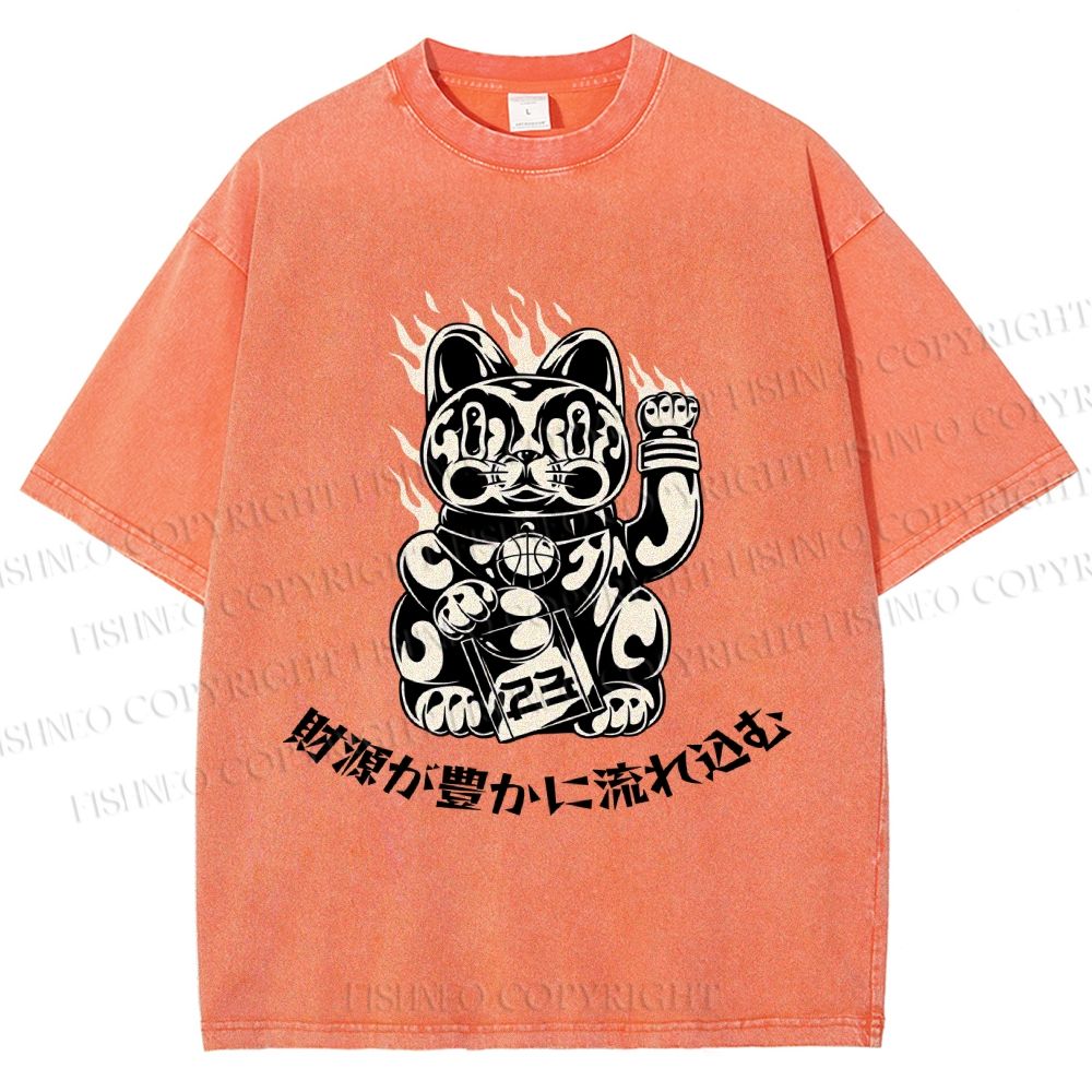 Unisex Japanese Fortune Cat Printed Washed Tee
