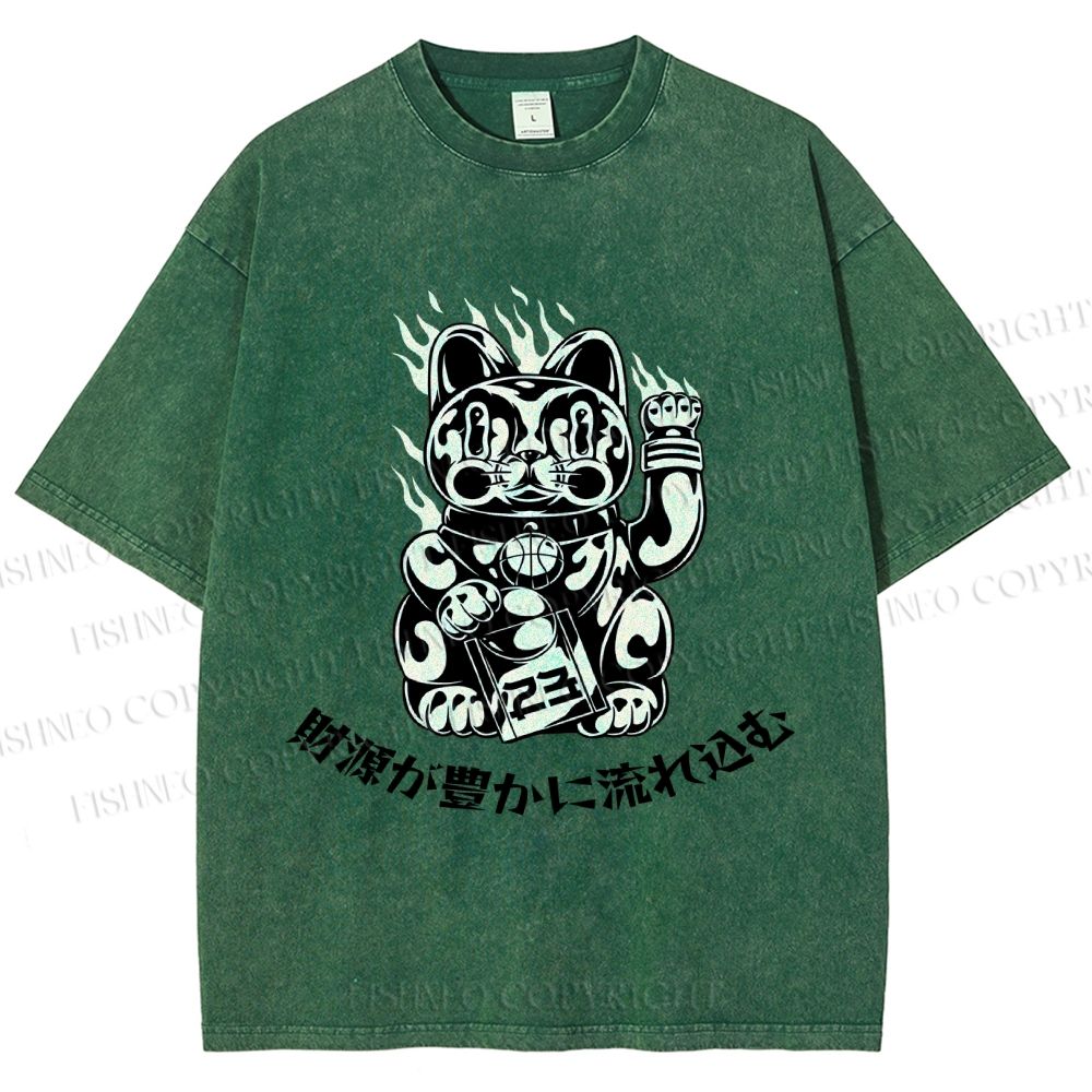 Unisex Japanese Fortune Cat Printed Washed Tee