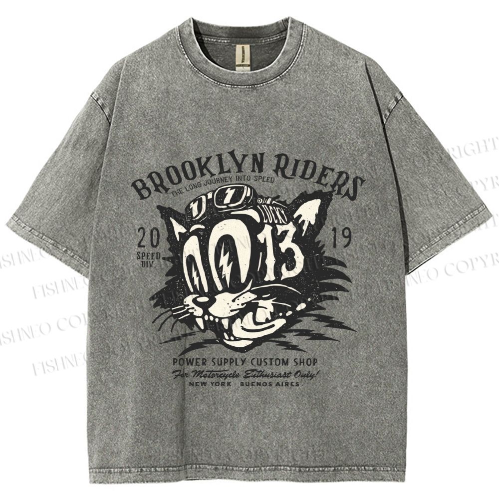 Unisex Vintage Cat Graffiti Printed Washed Tee