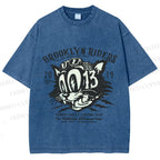 Unisex Vintage Cat Graffiti Printed Washed Tee