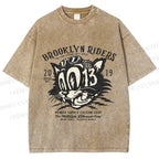 Unisex Vintage Cat Graffiti Printed Washed Tee